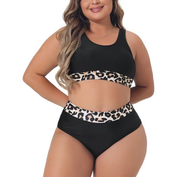 Plus Size Leopard High Waisted Two Piece Bathing Suits Black - Picture 1 of 6